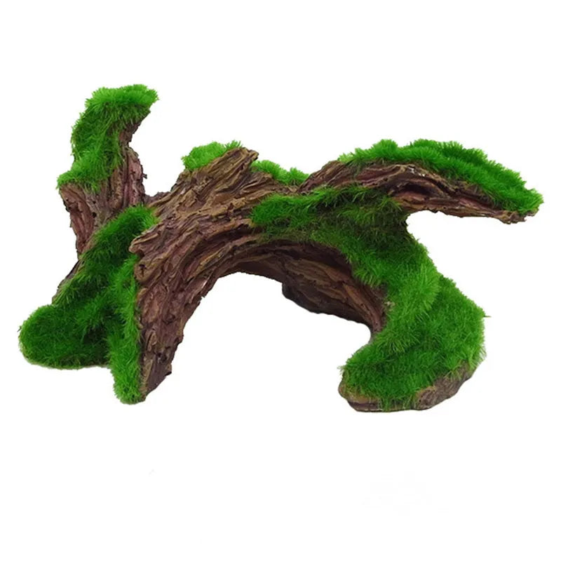 A natural wood moss root aquarium decoration featuring dark bark and vibrant green moss.