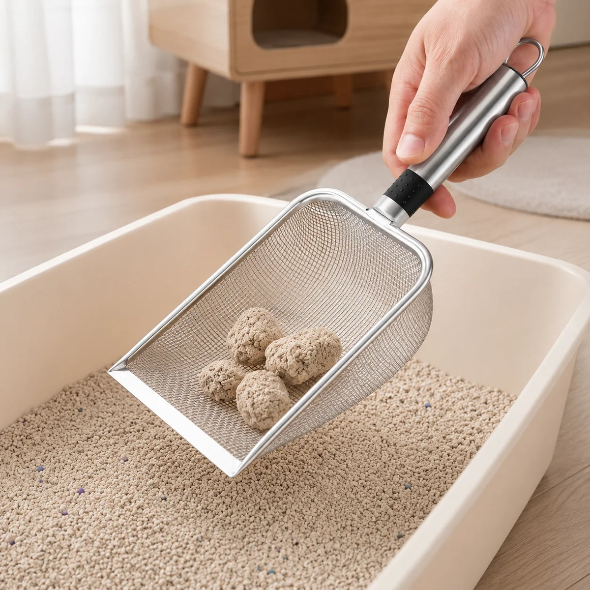 A hand is using a stainless steel cat litter scoop with a fine mesh sifter to scoop litter into a container.