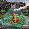 A brown dog sits on green grass within a glowing digital perimeter marked by a GPS training collar and antenna.