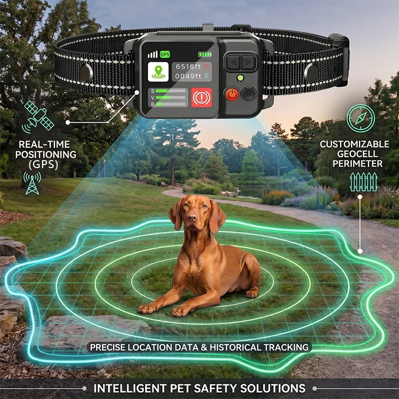 A brown dog sits on green grass within a glowing digital perimeter marked by a GPS training collar and antenna.