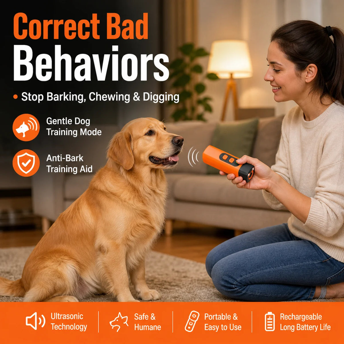Rechargeable Ultrasonic Dog Deterrent with LED Flashlight