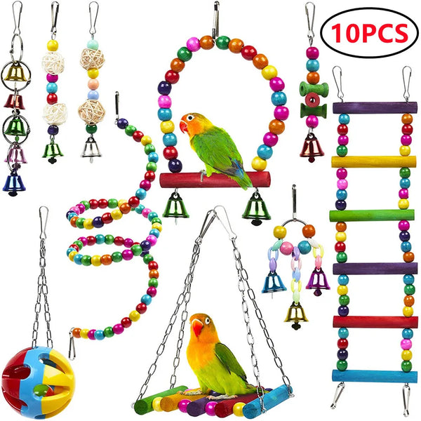 Un ensemble d'entraînement d'oiseaux combinant des perles colorées, un anneau suspendu et un petit oiseau jaune.