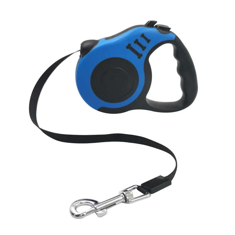 A blue and black retractable dog leash with a comfortable grip and a metal clip.
