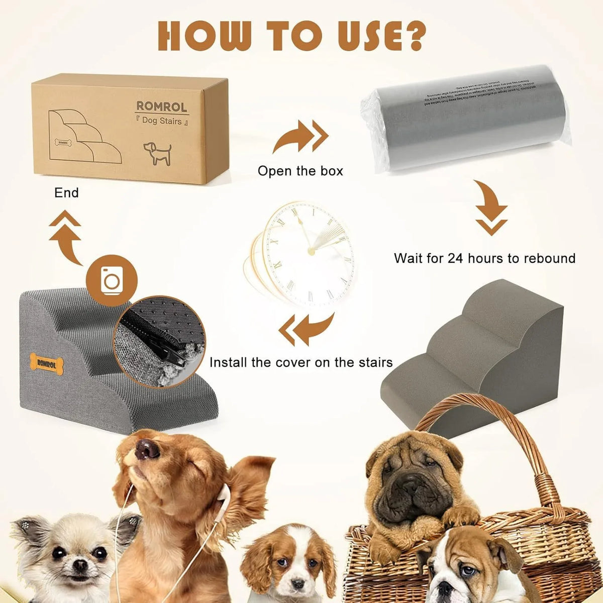 Instructions show how to use pet stairs for dogs and cats with a removable cover, including opening the box and installing th
