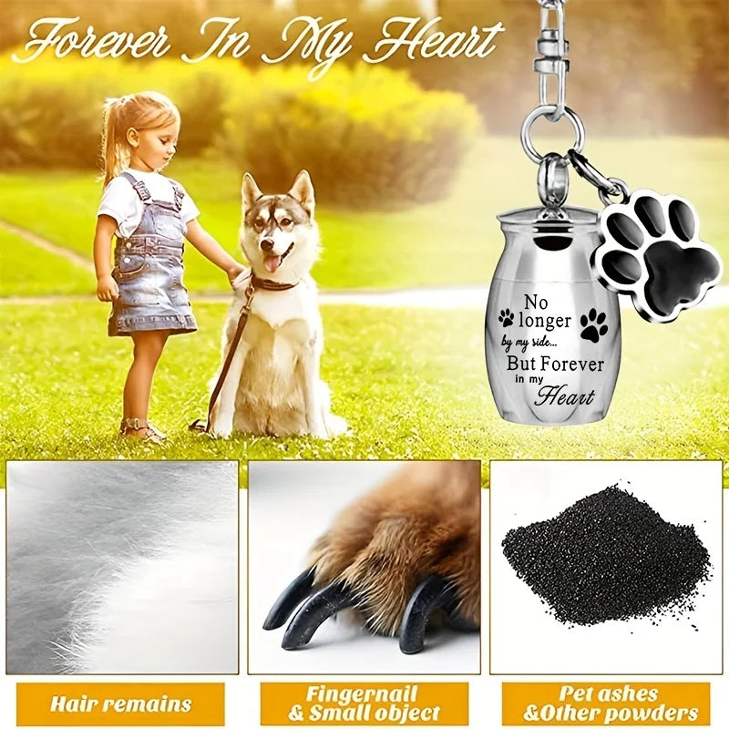 Stainless steel memorial pet ashes keychain with a paw print and heart design