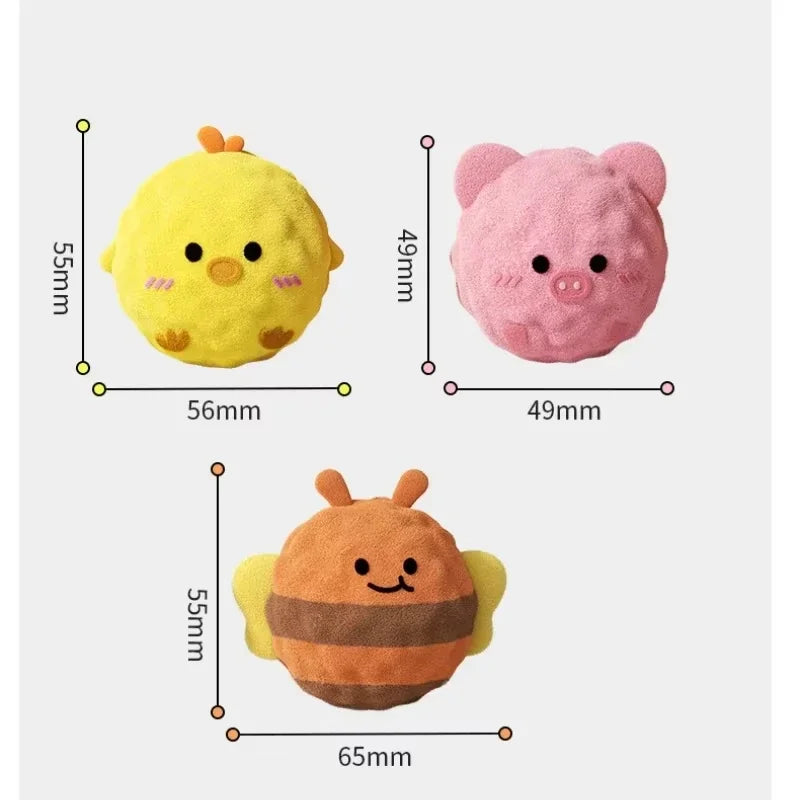 Three yellow and pink plush toys: a hedgehog, a pig, and a bee.