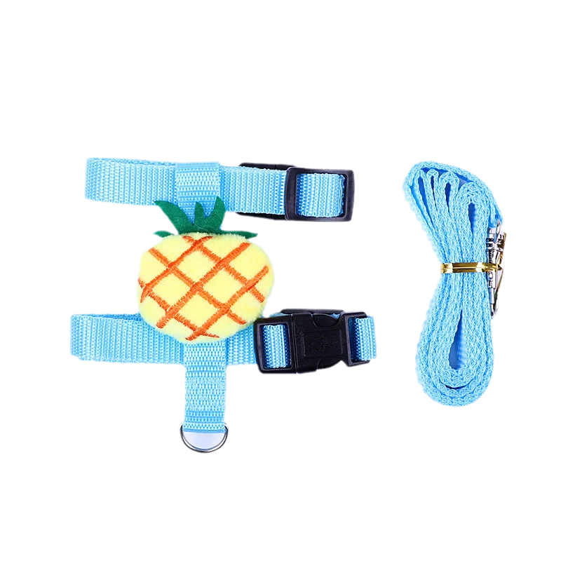 A light blue harness and matching leash set featuring a cartoon pineapple design for small pets.