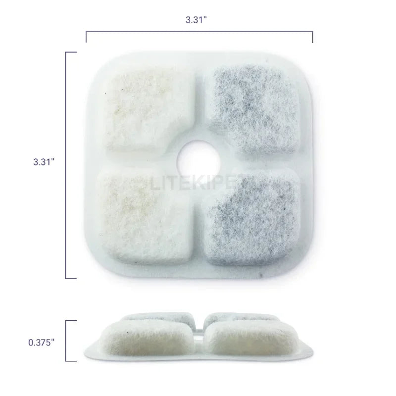A package of twelve replacement filters for a cat water fountain, showing four square white and eight rectangular gray foam f