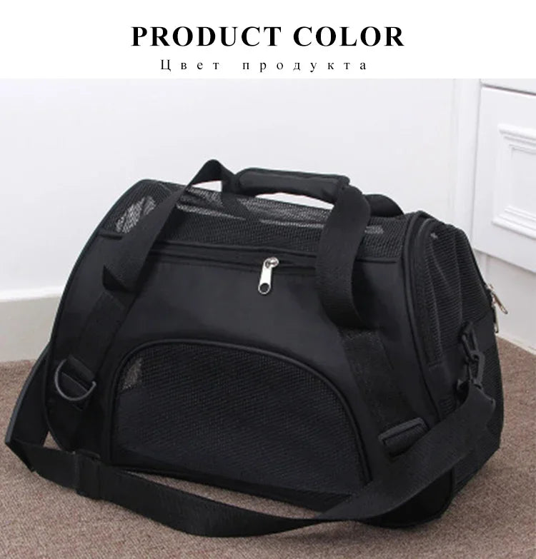 Black portable foldable pet carrier bag shown from the top, featuring a mesh and padded design.