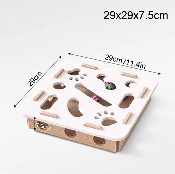 A white puzzle toy box for cats featuring a maze tunnel and bell ball, with dimensions 29x29x7.5cm.