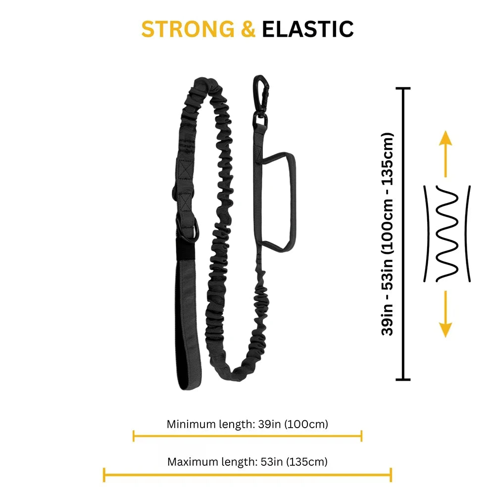 Black heavy duty bungee dog leash showing minimum and maximum lengths with a measurement scale.