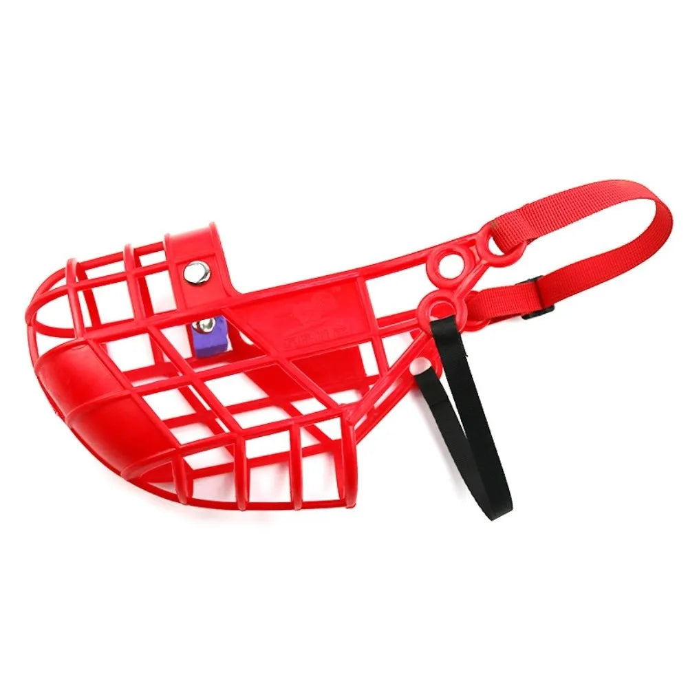 Red adjustable bite-resistant dog muzzle with breathable fit and black strap