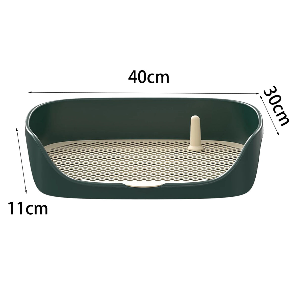 Un recipiente portátil de color verde oscuro para entrenar a perros con bandeja perforada y soporte pequeño.
