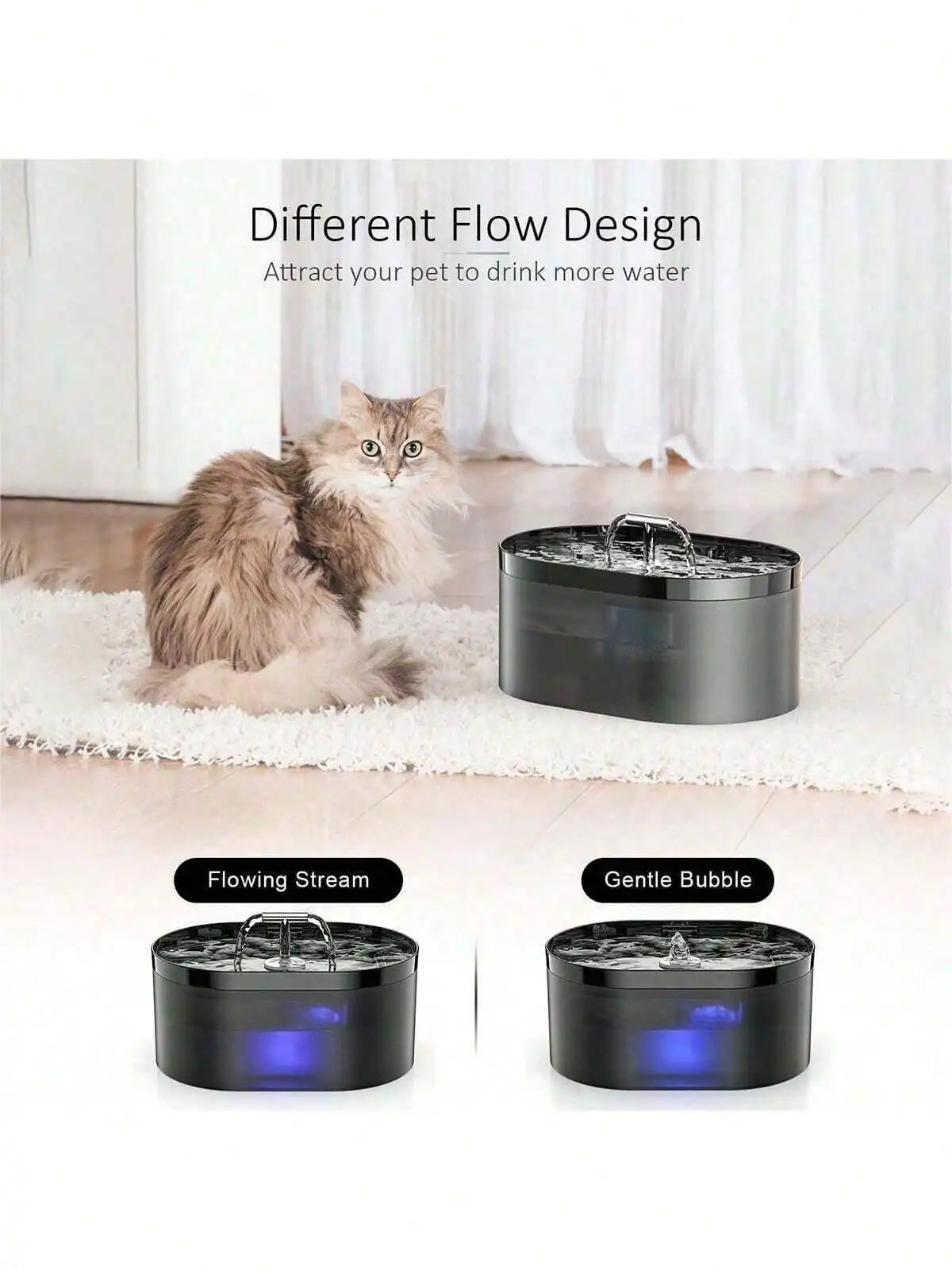 A black automatic cat water fountain with a flowing stream and gentle bubble design placed on a white rug.