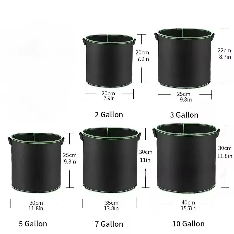 A set of black non-woven aeration grow bags with handles, shown in various gallon sizes from 2 to 10 gallons.