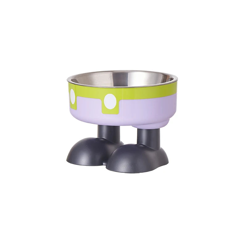 Elevated stainless steel pet bowl with a silver rim and purple and lime green accents.