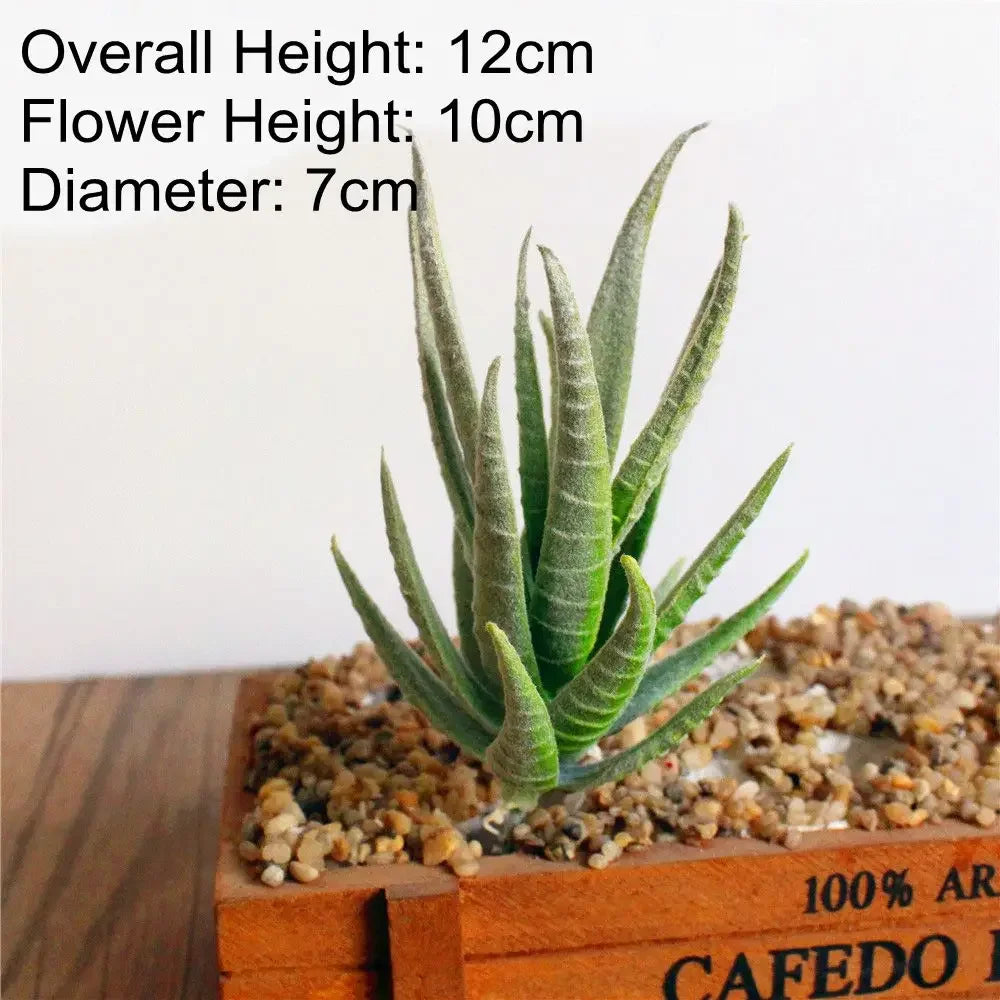A flock artificial succulent plant with a 12cm overall height, 10cm flower height, and 7cm diameter, displayed in a wooden bo