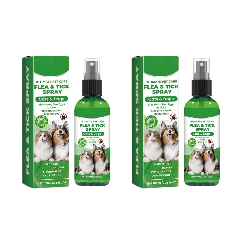 Three green bottles of intimate pet care flea and tick spray for cats and dogs