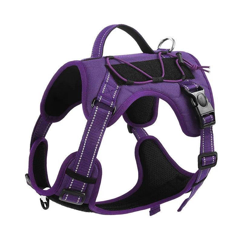 A purple tactical dog harness with black padding and reflective trim is shown against a white background.