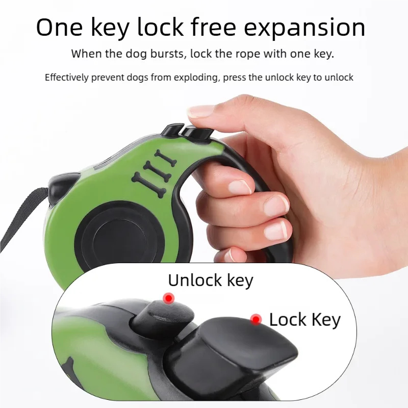 A hand is shown using a key to unlock an automatic retractable dog leash, demonstrating the one-key free expansion feature.