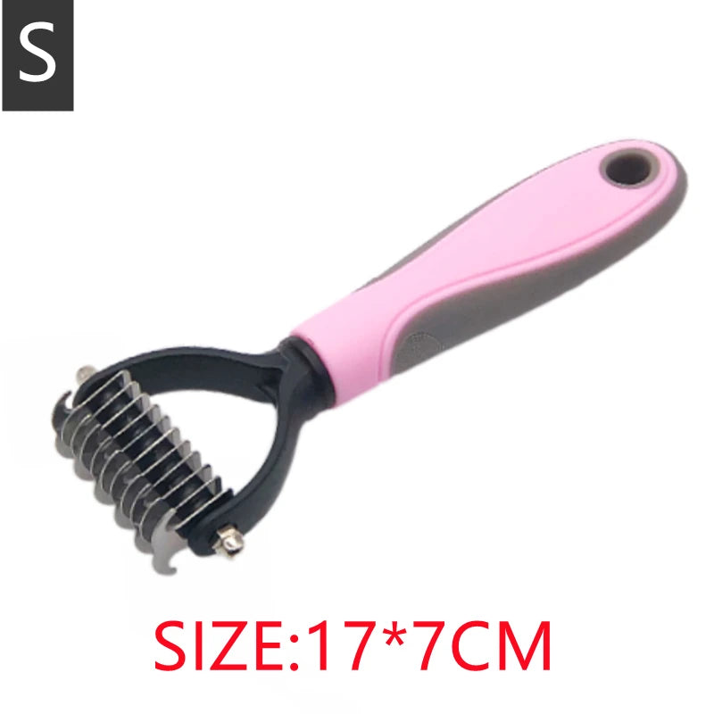 Pink and black stainless steel pet dematting comb for dogs and cats