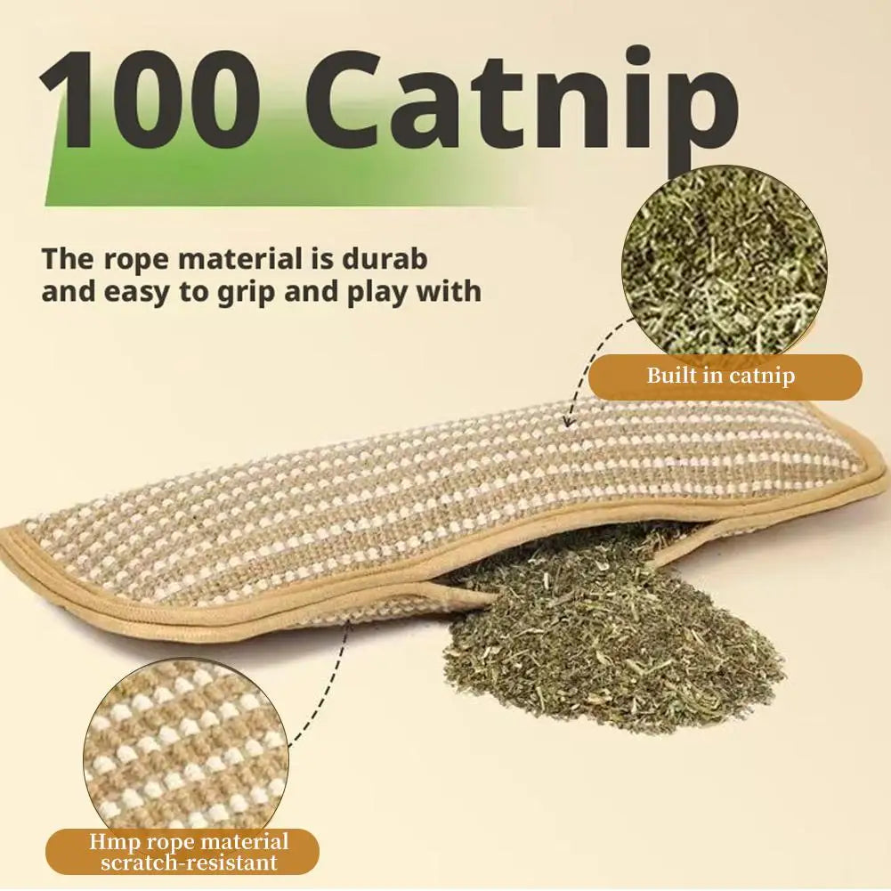 A sisal rope catnip toy with a scratching pad for indoor cats is shown, highlighting its durability and scratch-resistance.