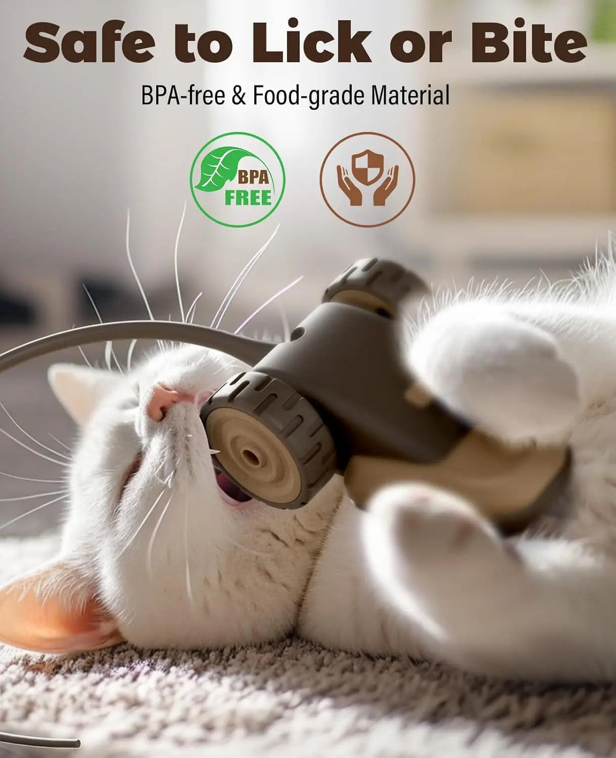 A white cat is interacting with an interactive moving toy, likely a cat car or wand, on a carpet.