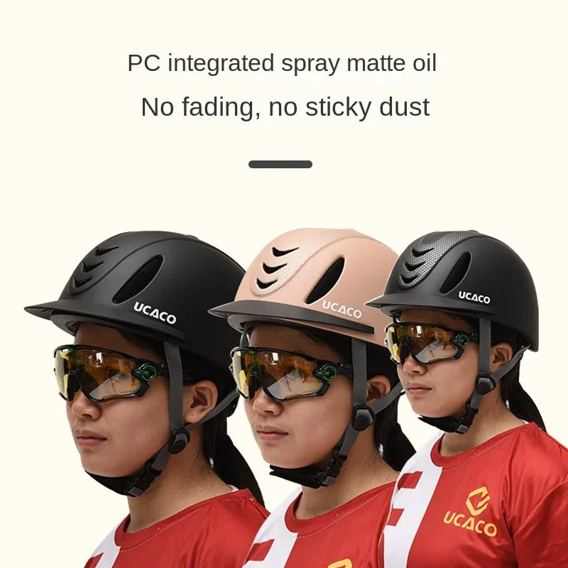 Three women wearing black and tan UCACO equestrian helmets with tinted goggles and red shirts