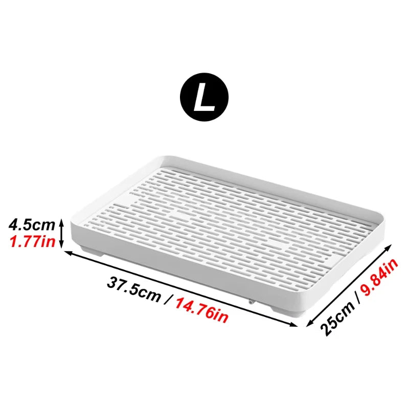 A rectangular white pet litter box with a grid design shown from above.