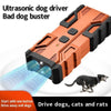 An orange handheld ultrasonic dog driver device is shown next to a dog, demonstrating its use as a bark deterrent.