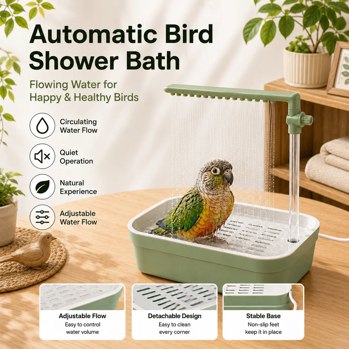 A green automatic bird shower bath with a flowing water feature is shown next to a bird.