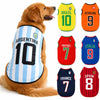 Un chien doré portant un maillot de sport avec les numéros et couleurs d'équipes nationales (Argentine 10, Portugal 7, Italie