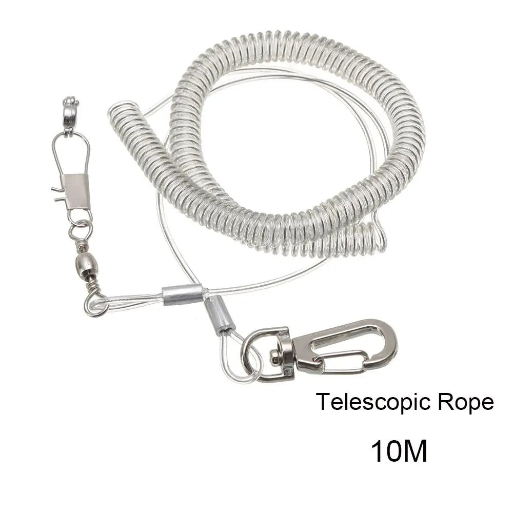 A silver telescopic rope leash with a clip and leg ring for parrot flying training.