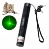 A black laser pointer pen with an adjustable focus, a cable, and a cat nearby.