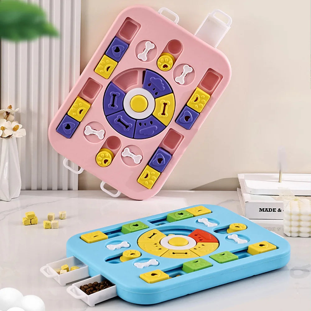 A pink interactive puzzle slow feeder bowl for pets with various shapes and colors placed next to a blue version.