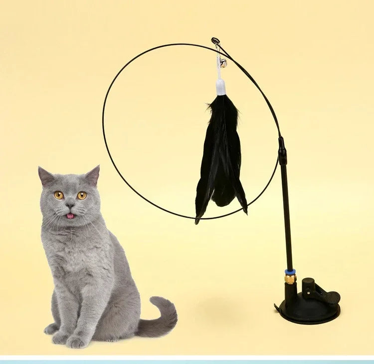 Suction Cup Cat Teaser Wand with Feather Toy and Bell