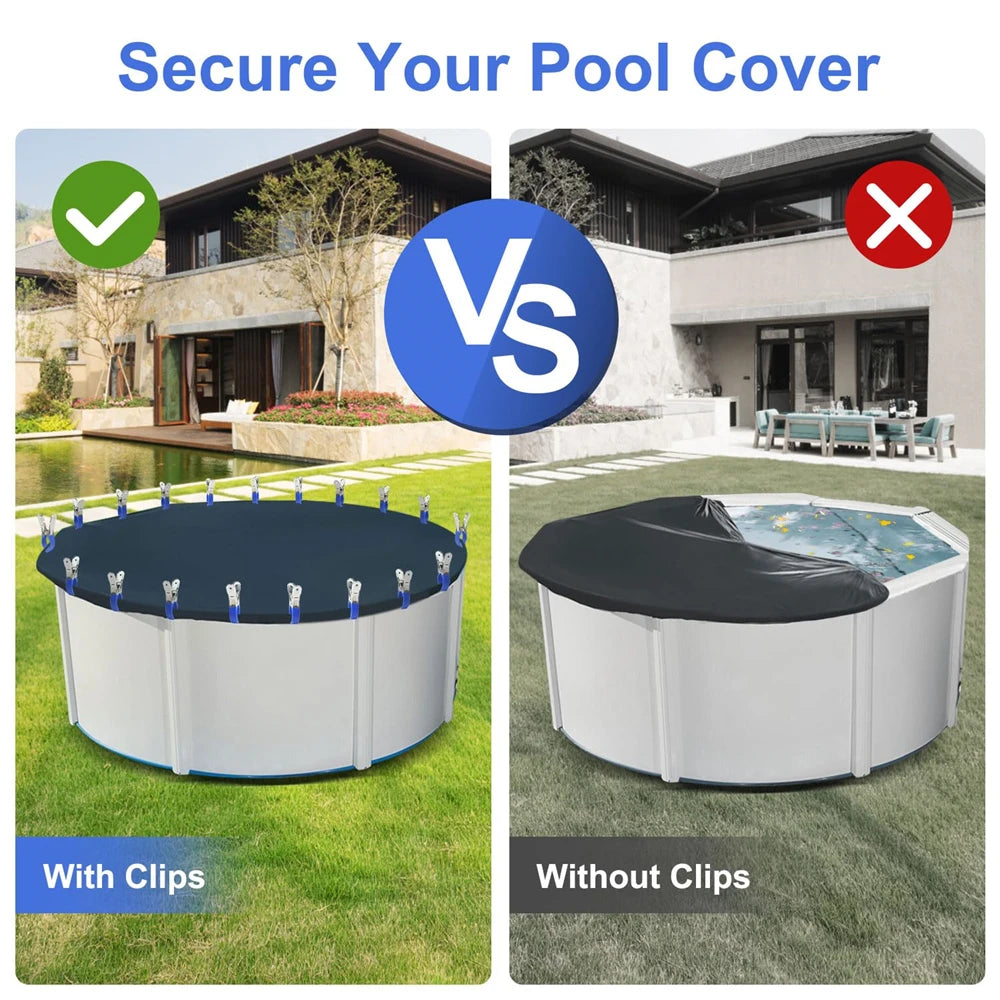 Comparison showing a pool cover with clips versus one without clips for securing a pool cover.