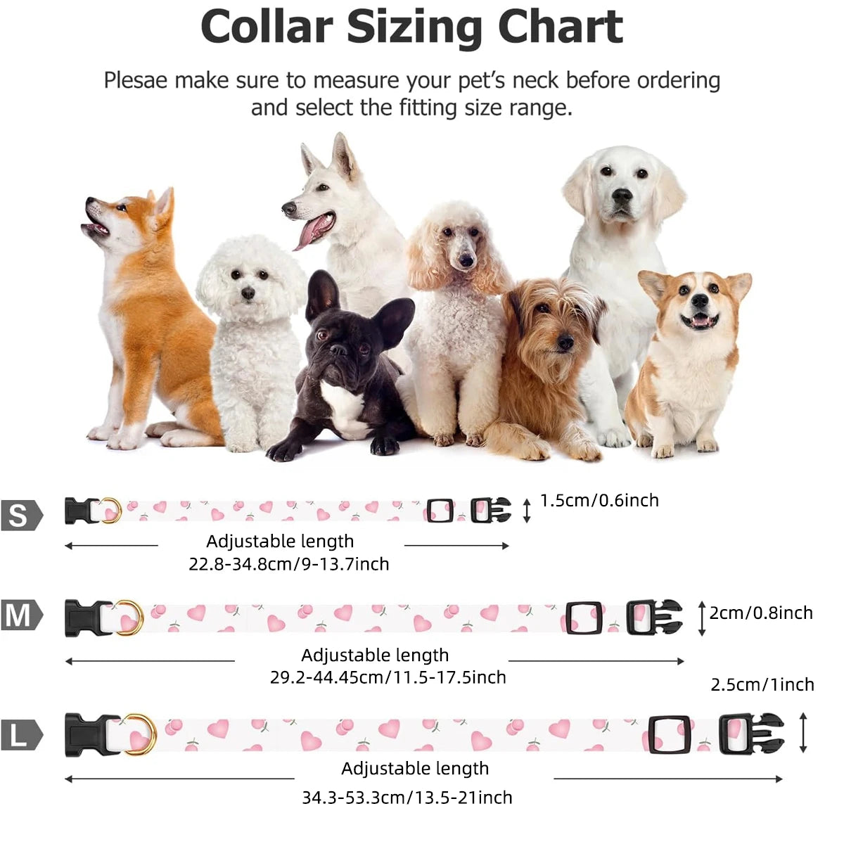 Größentabelle für Hundekollagen mit Größen S, M und L und entsprechenden verstellbaren Längen.