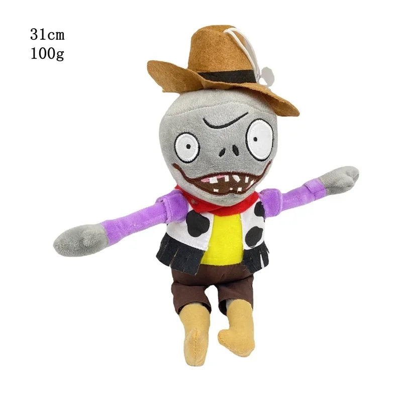 A plush toy of the Plants vs. Zombies Gargantuar character with a brown hat and purple arms.