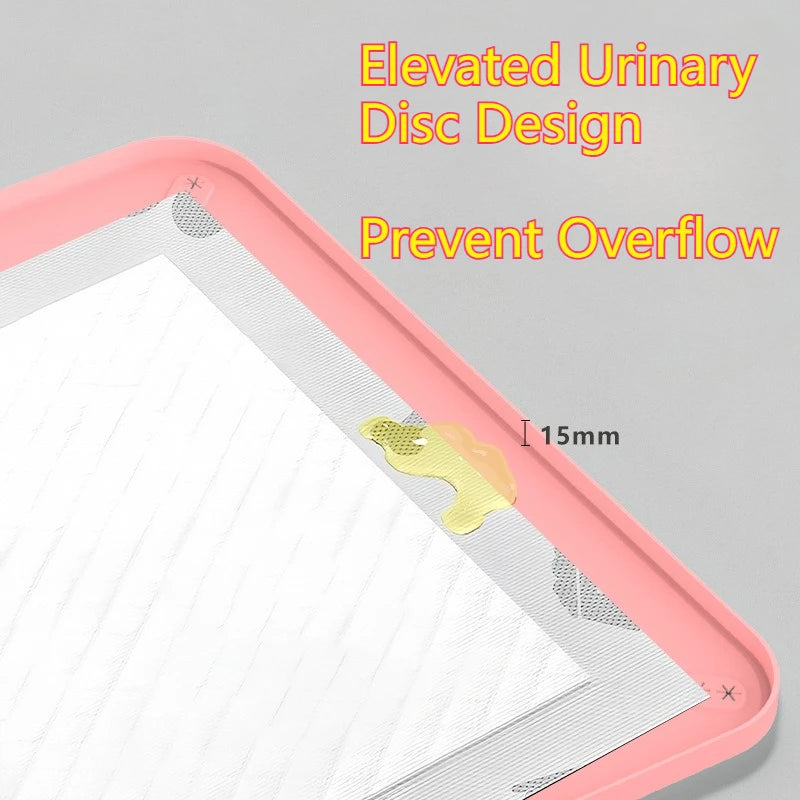 Pink silicone dog pee pad holder with an elevated urinary disc design to prevent overflow