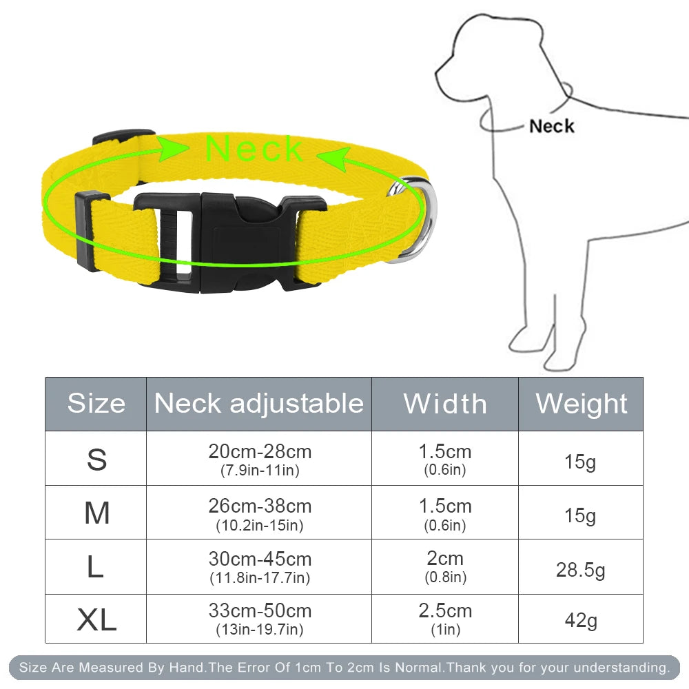 Yellow nylon dog collar shown with size options S, M, L, and XL listed below the product.