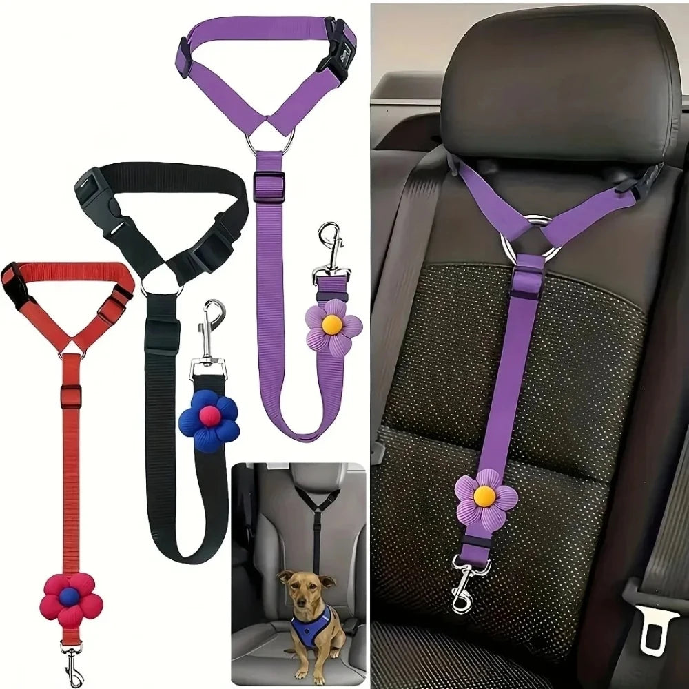 Purple and black adjustable pet car seat belt with a floral accent shown in various forms.