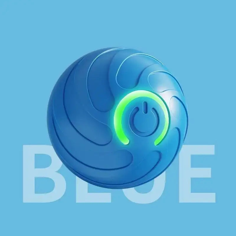 A bright blue, spherical interactive pet ball with a glowing green power symbol on its surface.