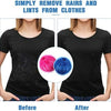Before and after comparison showing the removal of lint and hair from a black t-shirt using reusable lint filter balls