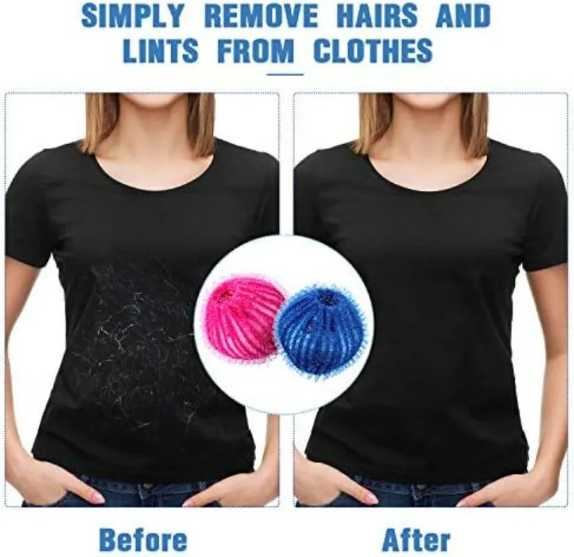 Before and after comparison showing the removal of lint and hair from a black t-shirt using reusable lint filter balls