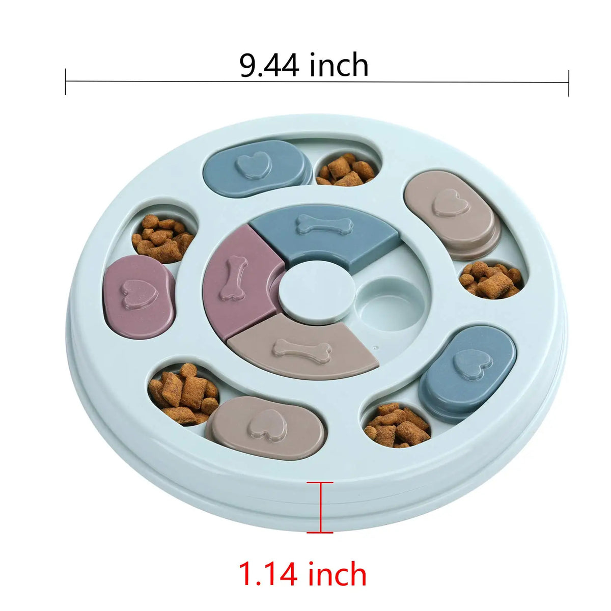 A round pet puzzle feeder toy with multiple compartments for slow treat dispensing.