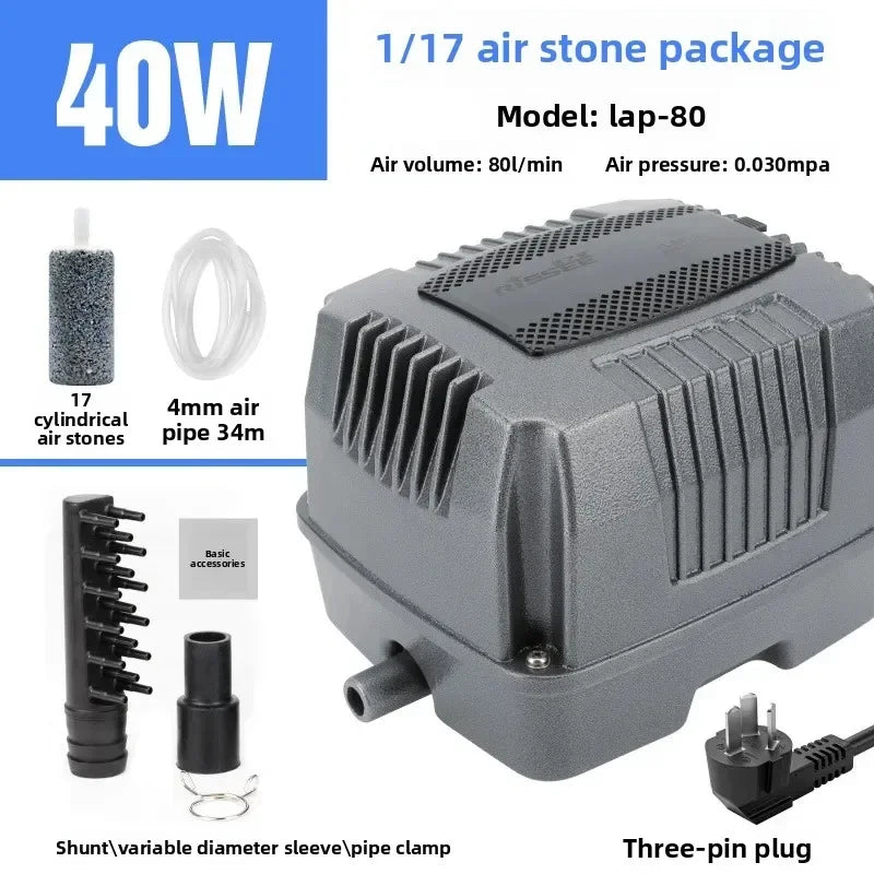 A gray air stone package featuring 17 cylindrical air stones, a 4mm air pipe, and accessories for an air pump.