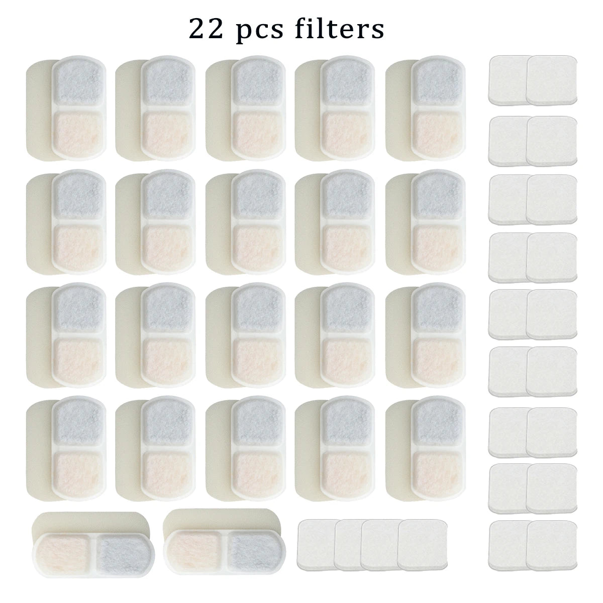 A collection of 22 replacement filters for pet water fountains, packaged in individual translucent and opaque filter cartridg