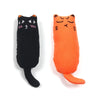 An orange plush cat toy with a soft thumb pillow design and black crinkle fabric.