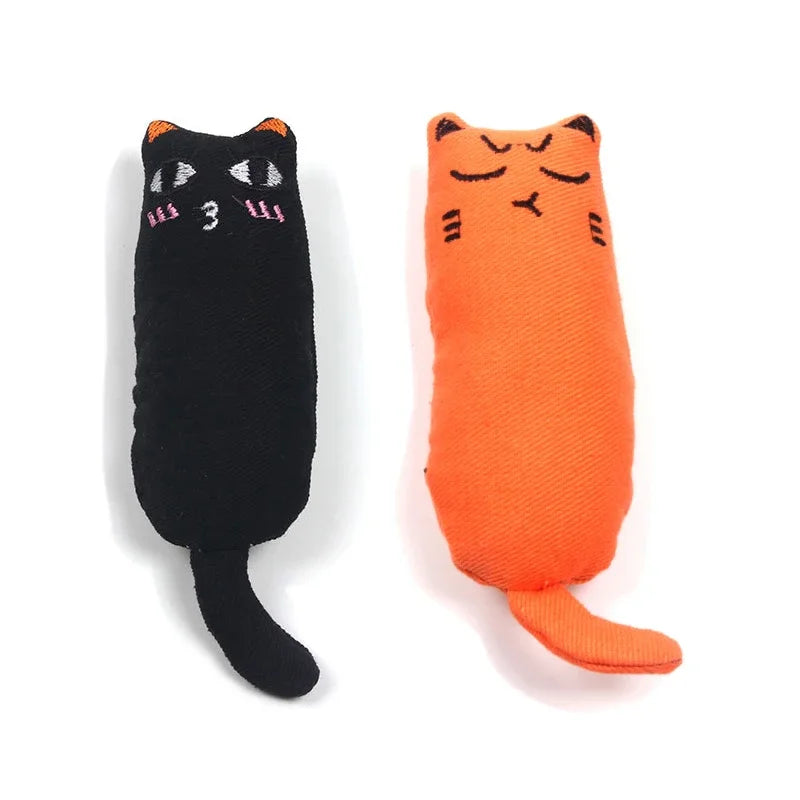 An orange plush cat toy with a soft thumb pillow design and black crinkle fabric.